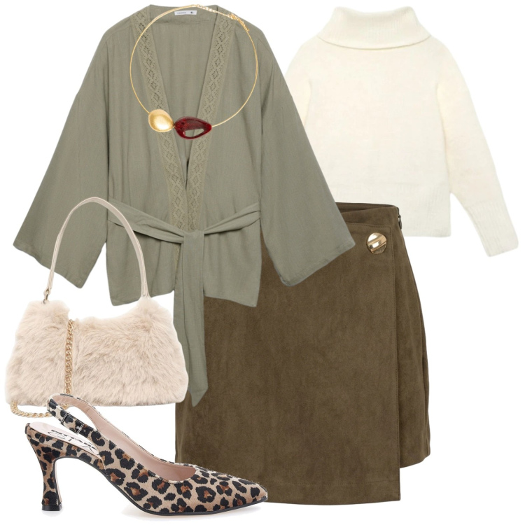 Outfit donna - Elegante. Stile Casual chic per Tutti i giorni. Abbinamento con minigonne, collane, kimono, pullovers, borse a spalla, décolleté.