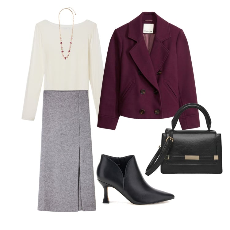 Outfit donna - Protagonista: gonna midi. Stile Basic per Ufficio. Abbinamento con collane, borse a tracolla, gonne longuette, t-shirt, stivaletti, blazer.