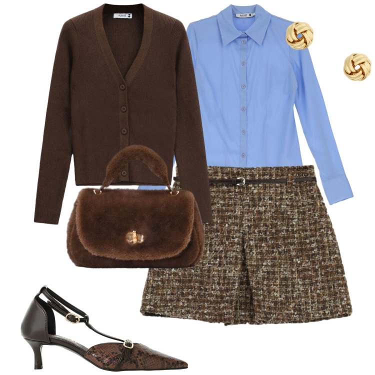 Outfit donna - City. Stile Casual chic per Tutti i giorni. Abbinamento con décolleté, minigonne, orecchini, camicie, cardigans, borse a mano.