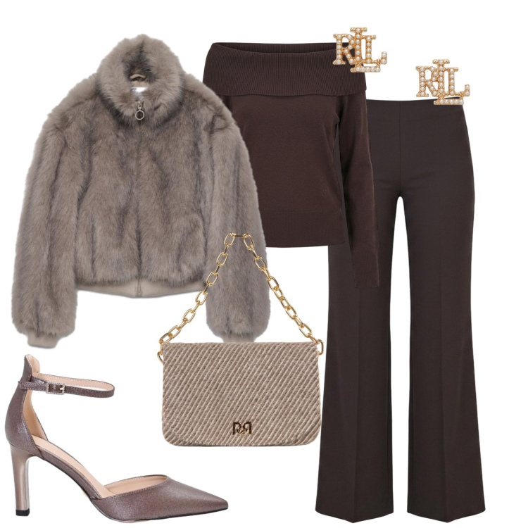 Outfit donna - Serata. Stile Glamour per Serata fuori. Abbinamento con orecchini, pantaloni, maglieria, borse a spalla, décolleté, bomber.