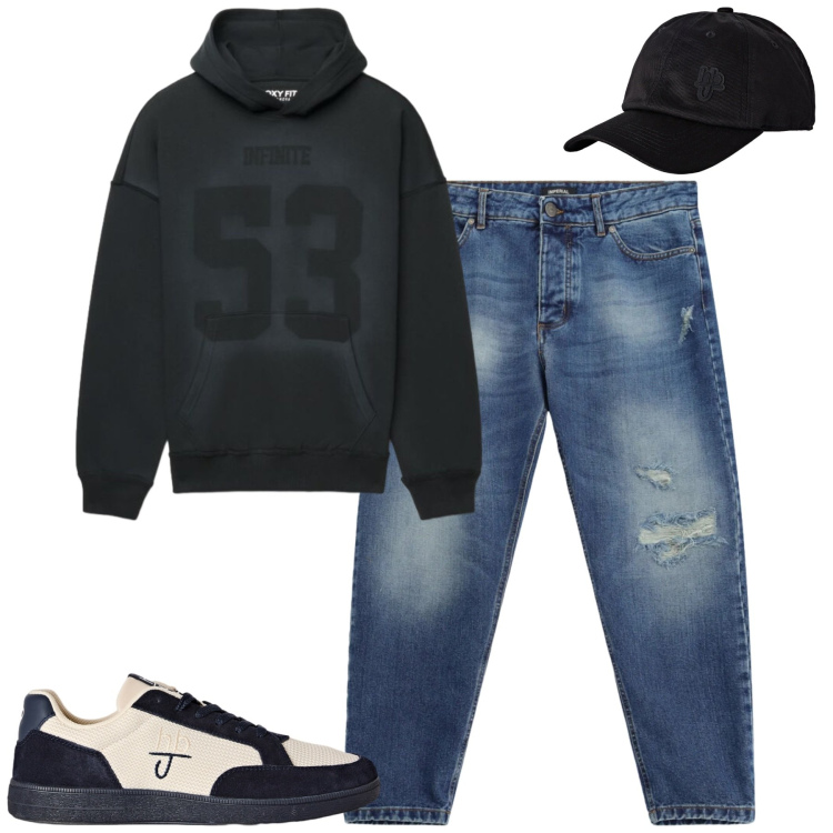 Outfit uomo - Ottobre. Stile Casual per Tutti i giorni. Abbinamento con cappelli con visiera, sneakers, jeans strappati, felpe con cappuccio.