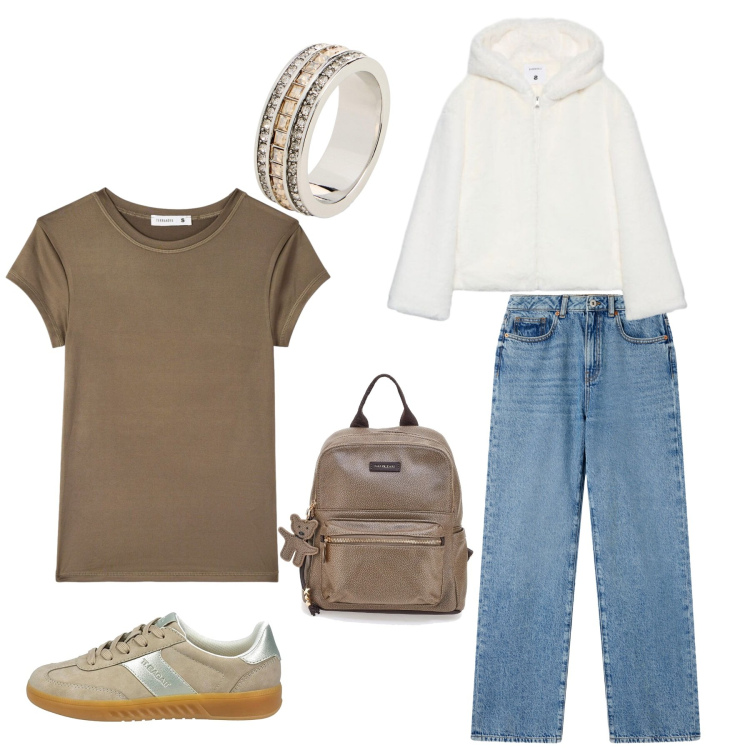 Outfit donna - Autunno in cittá. per Tutti i giorni. Abbinamento con blazer, jeans dritti, t-shirt, sneakers, zaini, anelli.