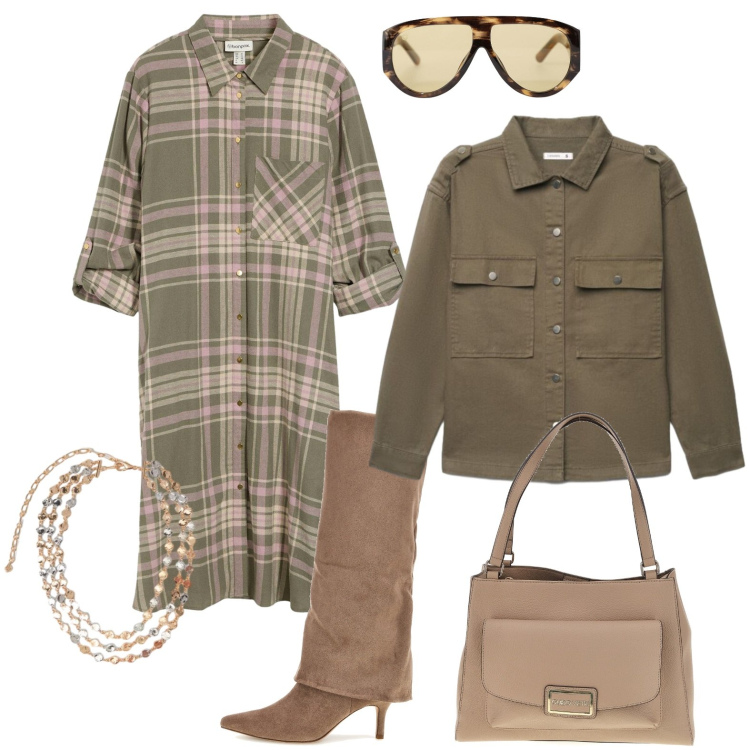 Outfit donna - Pranzo di famiglia. Stile Casual chic per Tutti i giorni. Abbinamento con occhiali da sole, collane, cappotti, stivali, vestiti chemisier, borse a spalla.