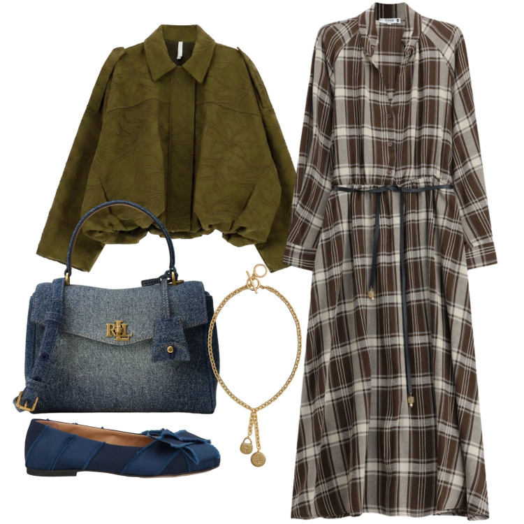 Outfit donna - Ottobre. Stile Casual chic per Tutti i giorni. Abbinamento con bomber, borse a mano, ciondoli, vestiti lunghi, ballerine.