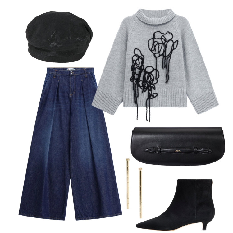 Outfit donna - Ottobre. Stile Casual chic per Tutti i giorni. Abbinamento con pullovers, clutch, orecchini, stivaletti, jeans, cappelli e berretti.
