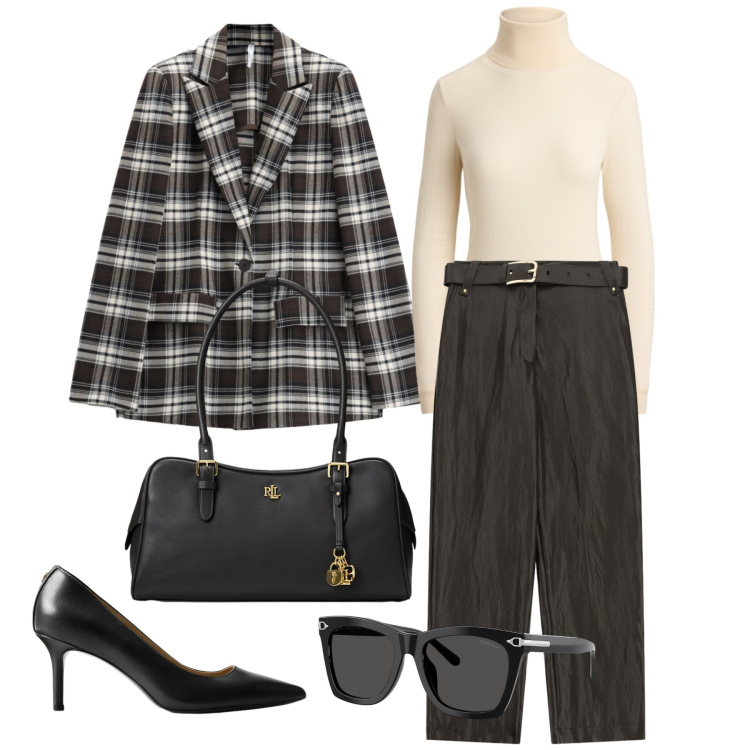 Outfit donna - Ottobre. Stile Casual per Tutti i giorni. Abbinamento con pantaloni, blazer, occhiali da sole, décolleté, borse a mano, pullovers.