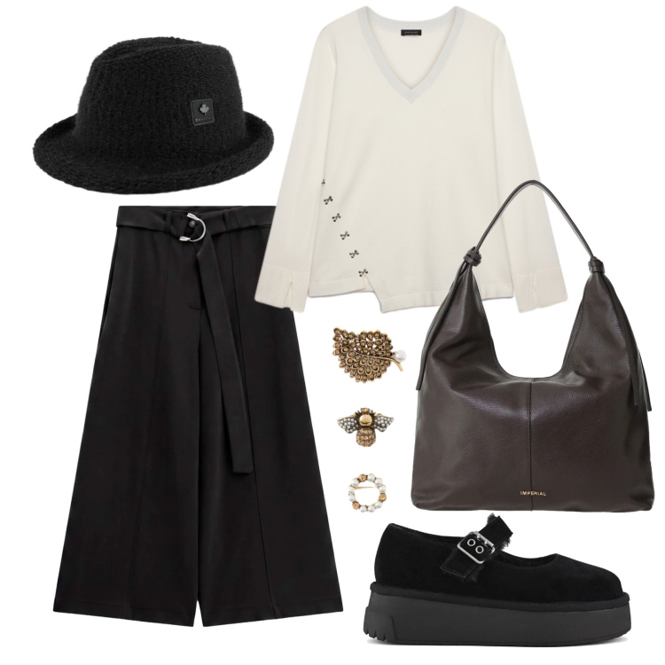 Outfit donna - Ottobre. Stile Casual chic per Tutti i giorni. Abbinamento con borse a spalla, pantaloni a palazzo, maglieria, accessori per capelli, cappelli, décolleté.