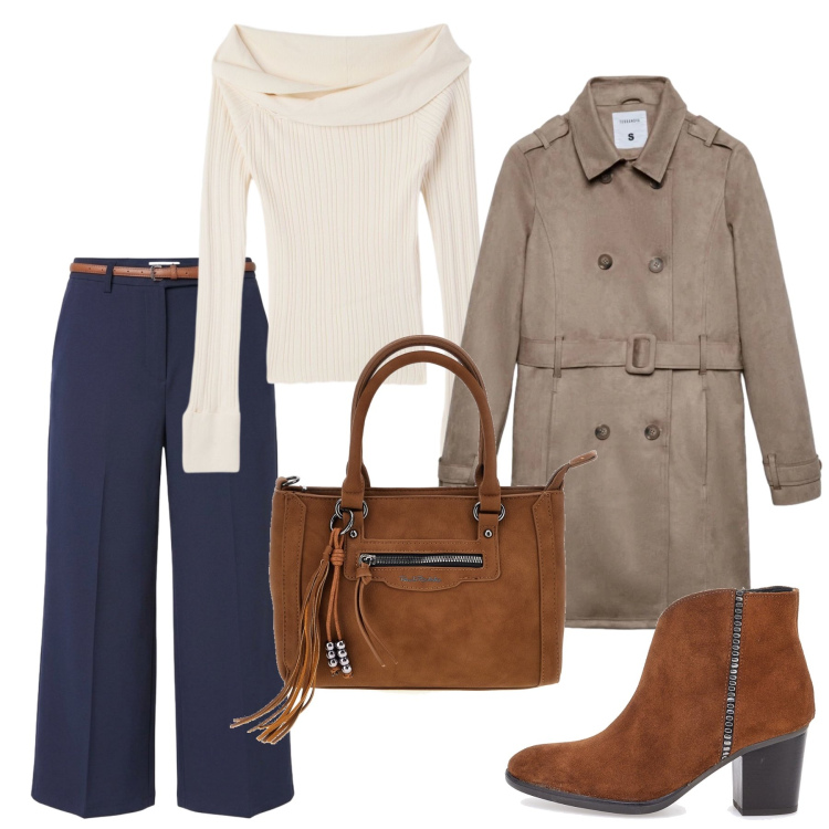 Outfit donna - Total look #2490564. Stile Bon Ton per Serata fuori. Abbinamento con pantaloni, trench, maglieria, borse a mano, stivaletti.