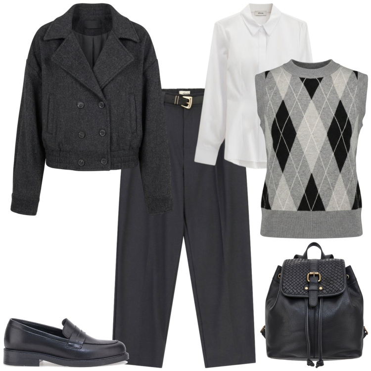 Outfit donna - Casual chic ufficio tempo libero. Stile Casual chic per Ufficio. Abbinamento con camicie, pantaloni, maglieria, bomber, mocassini, zaini.