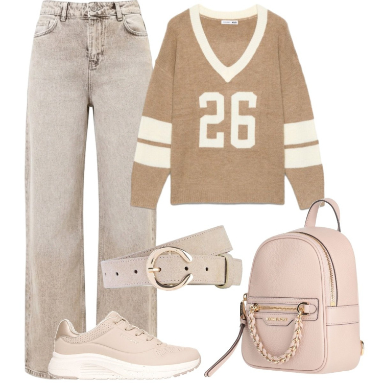 Outfit donna - Scuola/università. Stile Basic per Scuola/Università. Abbinamento con jeans dritti, zaini, maglieria, cinture, sneakers.