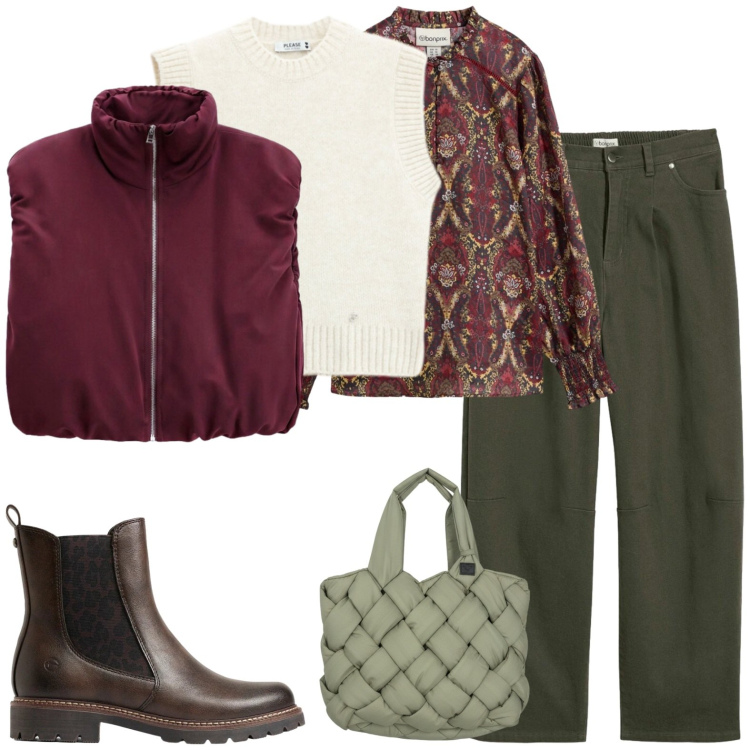 Outfit donna - Fine settimana in montagna. Stile Casual chic per Tutti i giorni. Abbinamento con piumini, maglieria, borse tote, pantaloni, tuniche, stivaletti chelsea.