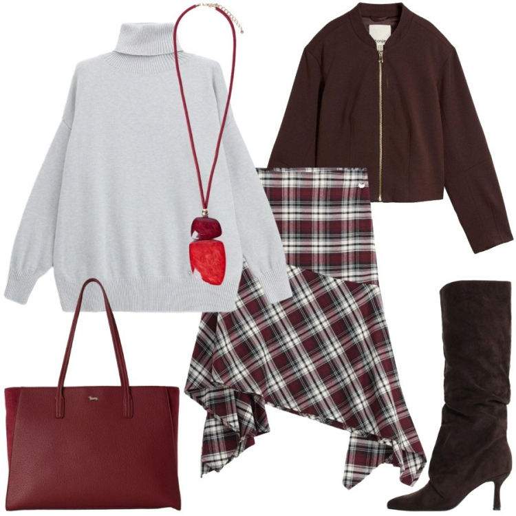 Outfit donna - Total look #2490578. Stile Casual chic per Tutti i giorni. Abbinamento con shopping bag, stivali, gonne longuette, ciondoli, pullovers, bomber.