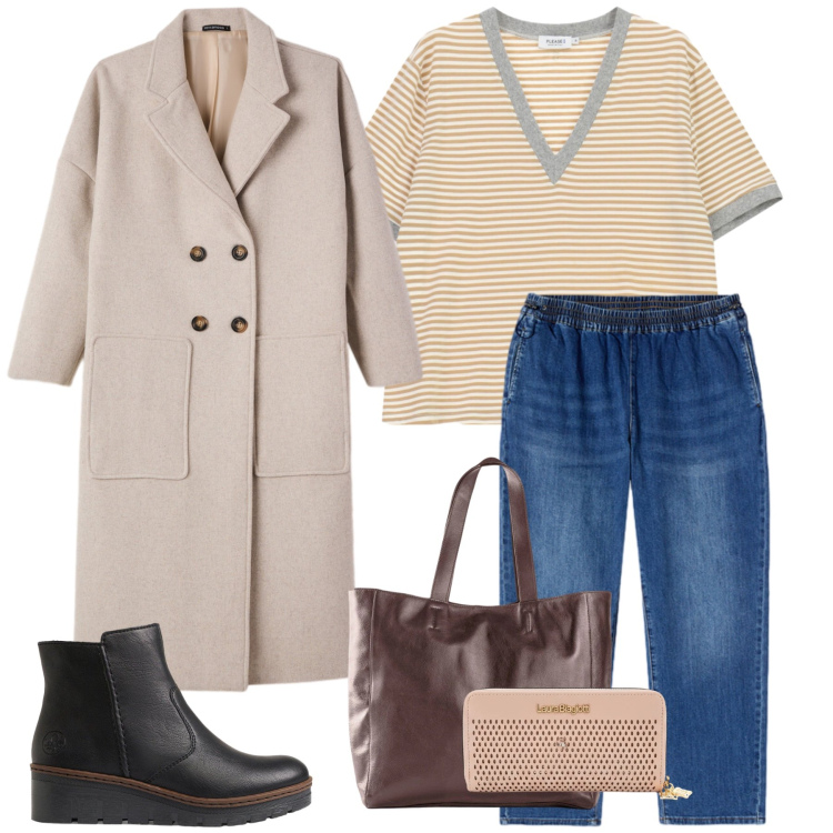 Outfit donna - Total look #2490588. Stile Glamour per Tutti i giorni. Abbinamento con jeans dritti, t-shirt, cappotti, portafogli, shopping bag, stivaletti.