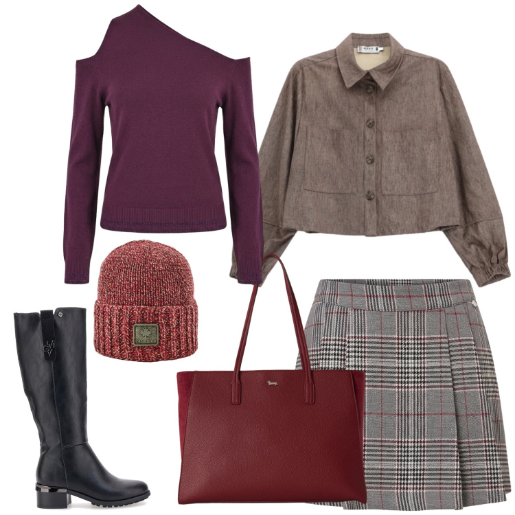 Outfit donna - Total look #2490591. Stile Casual chic per Tutti i giorni. Abbinamento con shopping bag, cappotti, maglieria, minigonne, berretti, stivali sopra il ginocchio.
