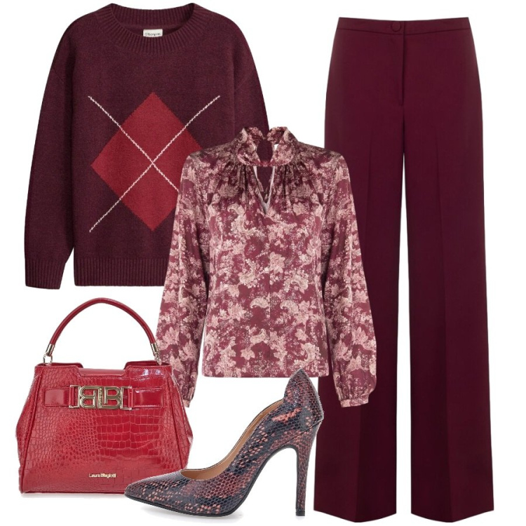 Outfit donna - Fantasie a contrasto. Stile Sporty chic per Ufficio. Abbinamento con bluse, pantaloni a palazzo, borse a mano, décolleté, maglieria.