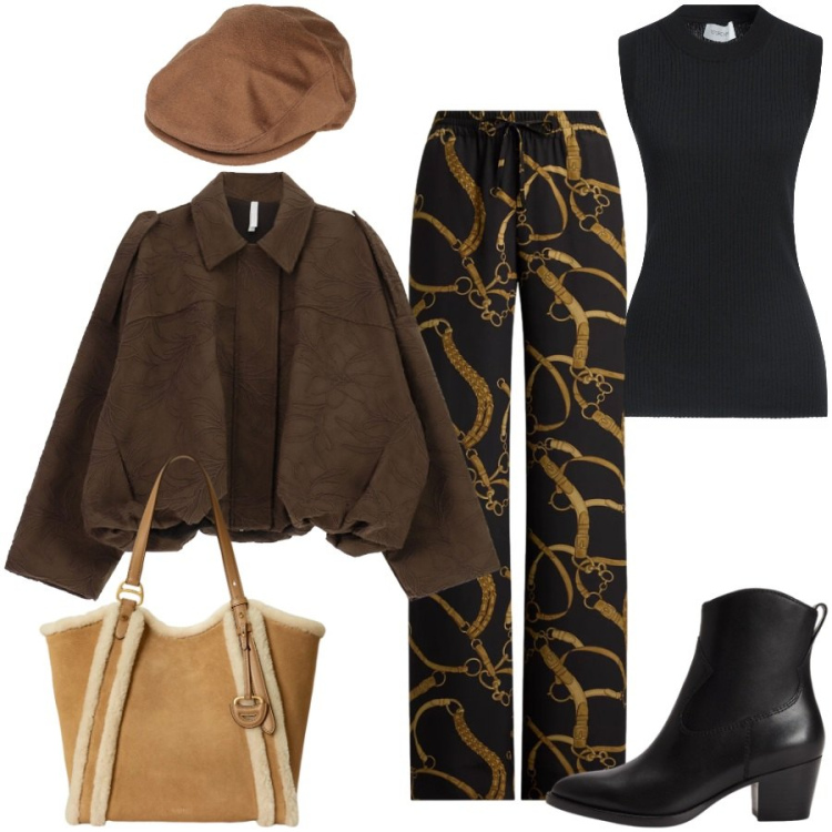 Outfit donna - Total look #2490593. Stile Casual chic per Serata fuori. Abbinamento con bomber, pantaloni, stivaletti chelsea, borse tote, pullovers, cappelli.