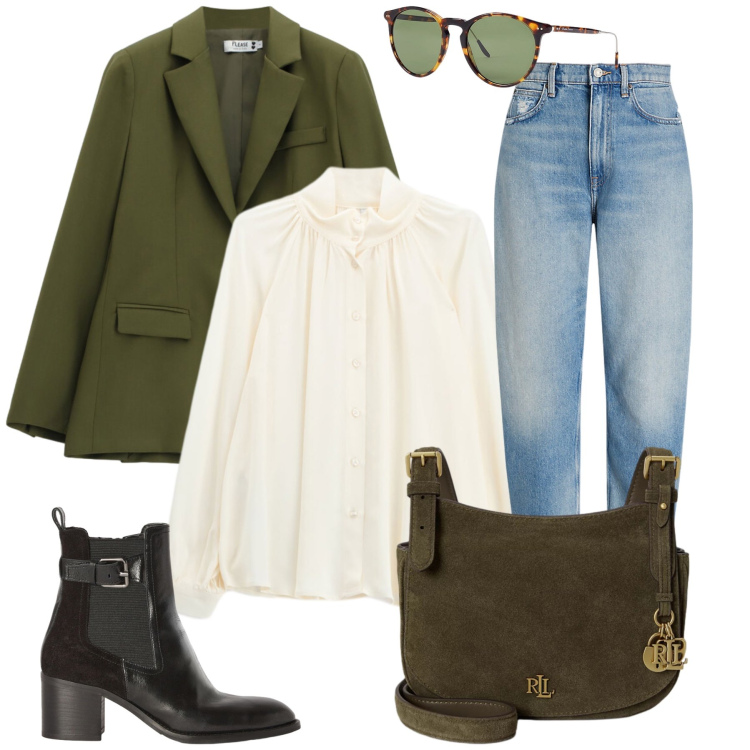 Outfit donna - Total look #2490594. Stile Casual chic per Tutti i giorni. Abbinamento con stivaletti, camicie, jeans, borse a tracolla, occhiali da sole, blazer.
