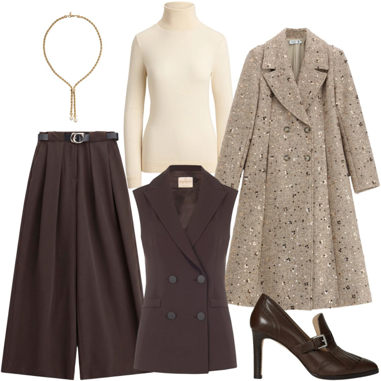 Outfit donna - Un completo caffè moderno e raffinato. Stile Chic per Ufficio. Abbinamento con pantaloni a palazzo, pullovers, décolleté, collane, cappotti, gilet.
