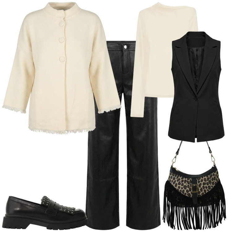Outfit donna - Casual chic ufficio tempo libero. Stile Casual chic per Ufficio. Abbinamento con t-shirt, borse a spalla, mocassini, cardigans, pantaloni, gilet.