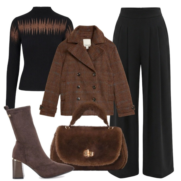 Outfit donna - Nero e marrone. Stile Trendy per Serata fuori. Abbinamento con pantaloni a palazzo, borse a mano, pullovers, stivaletti, caban.