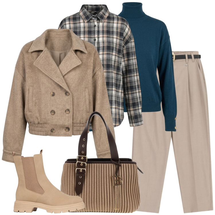 Outfit donna - Stratificazione. Stile Trendy per Tutti i giorni. Abbinamento con pantaloni, bomber, pullovers, camicie, stivaletti, borse a mano.