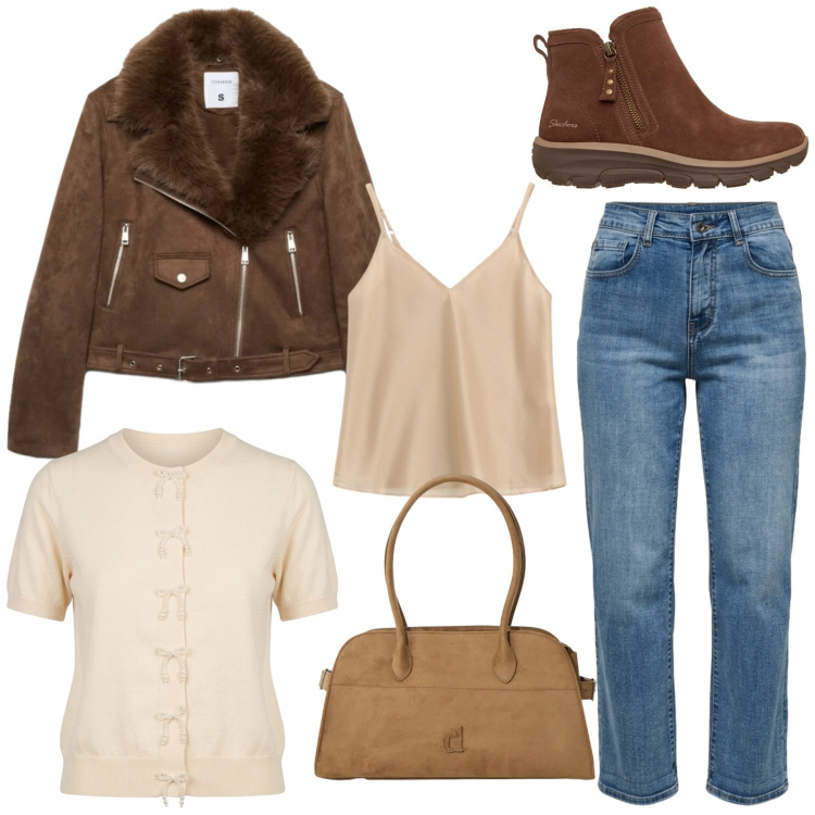 Outfit donna - Proporzioni inaspettate. Stile Casual chic per Tutti i giorni. Abbinamento con borse a spalla, top, jeans dritti, cardigans, giacche, stivaletti.