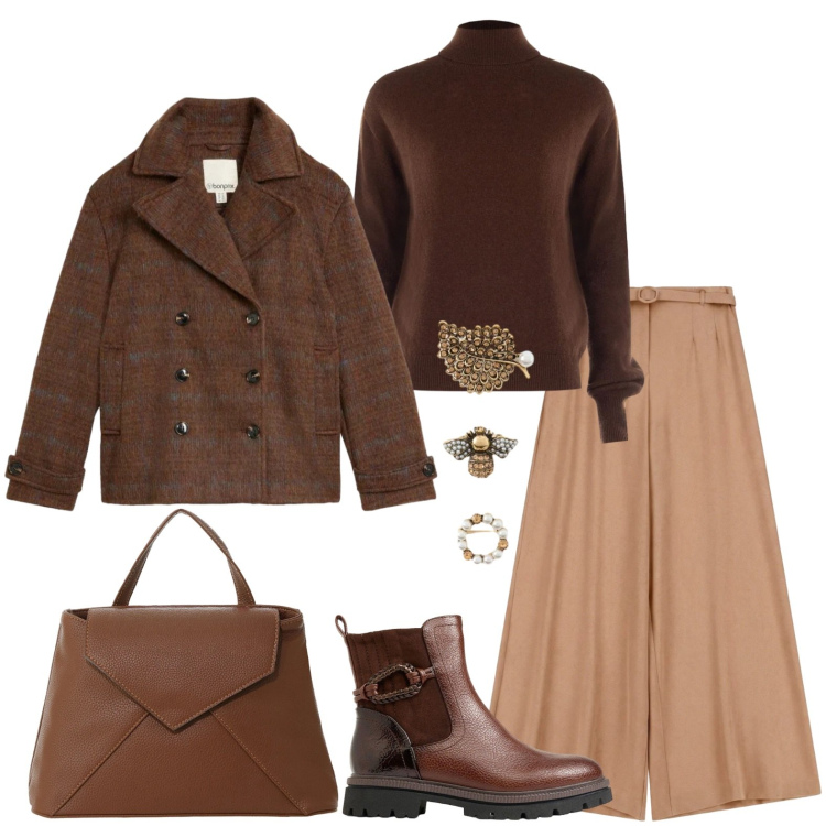 Outfit donna - Avvolgenti sfumature d'autunno. Stile Casual chic per Ufficio. Abbinamento con borse a mano, pantaloni a palazzo, accessori per capelli, pullovers, stivaletti, caban.