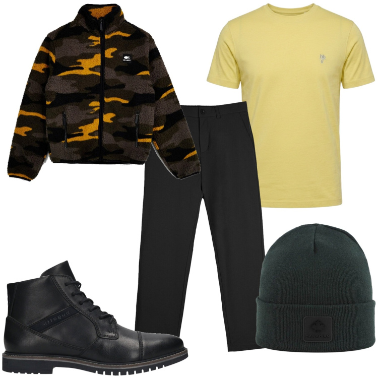 Outfit uomo - Freddo inverno. Stile Casual per Tutti i giorni. Abbinamento con t-shirt, pantaloni chino, berretti, stivali e stivaletti, pullovers.