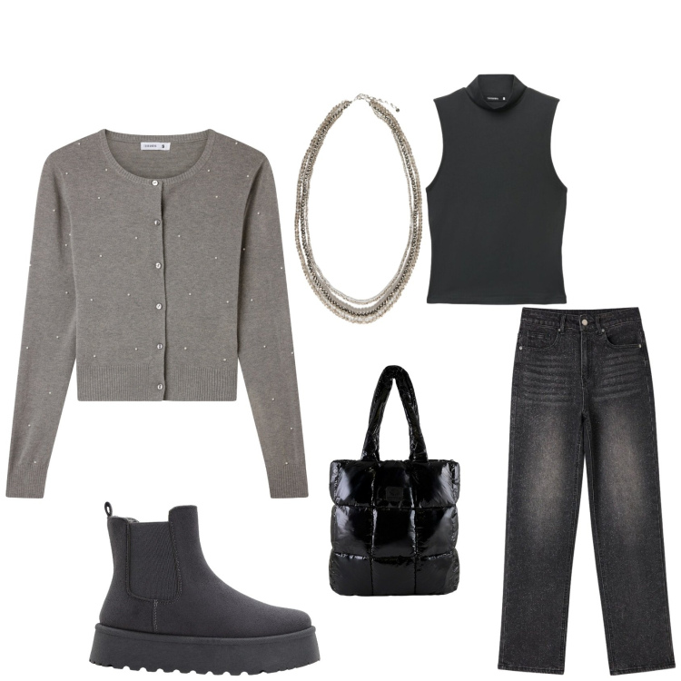 Outfit donna - Urban chic. Stile Casual chic per Tutti i giorni. Abbinamento con collane, shopping bag, cardigans, top, jeans, stivaletti.