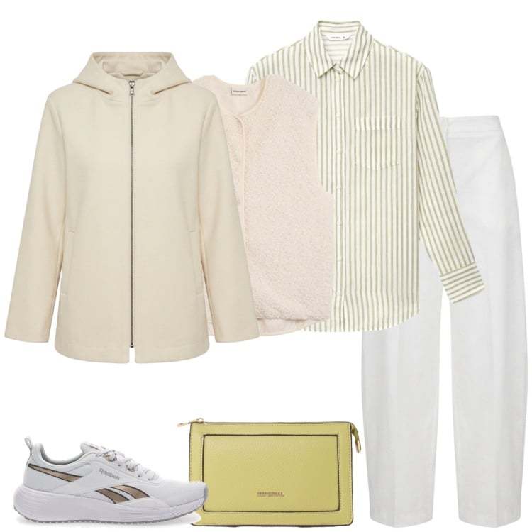 Outfit donna - Bianco e verde. Stile Casual per Tutti i giorni. Abbinamento con borse a tracolla, cappotti, pantaloni, camicie, sneakers, piumini.