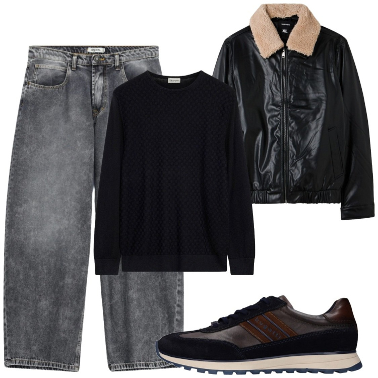 Outfit uomo - Basic. Stile Trendy per Tutti i giorni. Abbinamento con maglieria, bomber, jeans, sneakers.