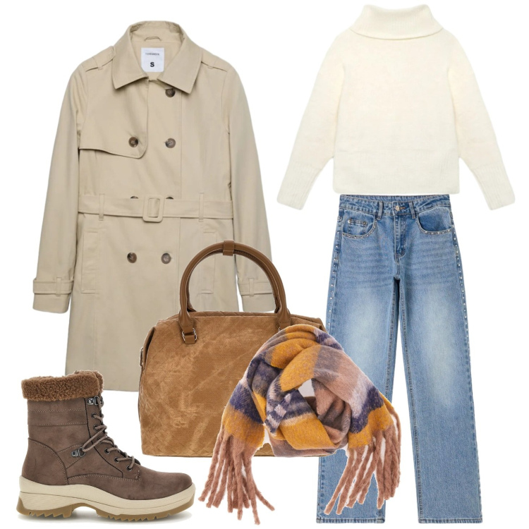 Outfit donna - Trenchmania. Stile Casual per Scuola/Università. Abbinamento con trench, jeans, pullovers, stivaletti, borse a tracolla, sciarpe.