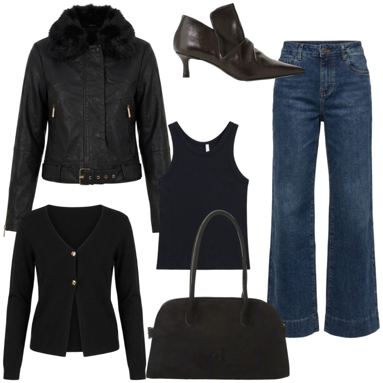 Outfit donna - Impeccabile in nero. Stile Chic per Tutti i giorni. Abbinamento con canottiere, stivaletti, borse a spalla, blazer, jeans a zampa, cardigans.