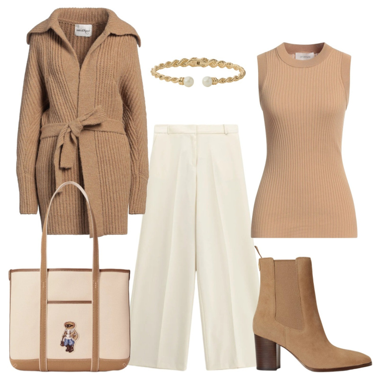 Outfit donna - Il caldo abbraccio del cardigan over. Stile Casual per Tutti i giorni. Abbinamento con pantaloni a palazzo, stivaletti, braccialetti, borse tote, cardigans, pullovers.