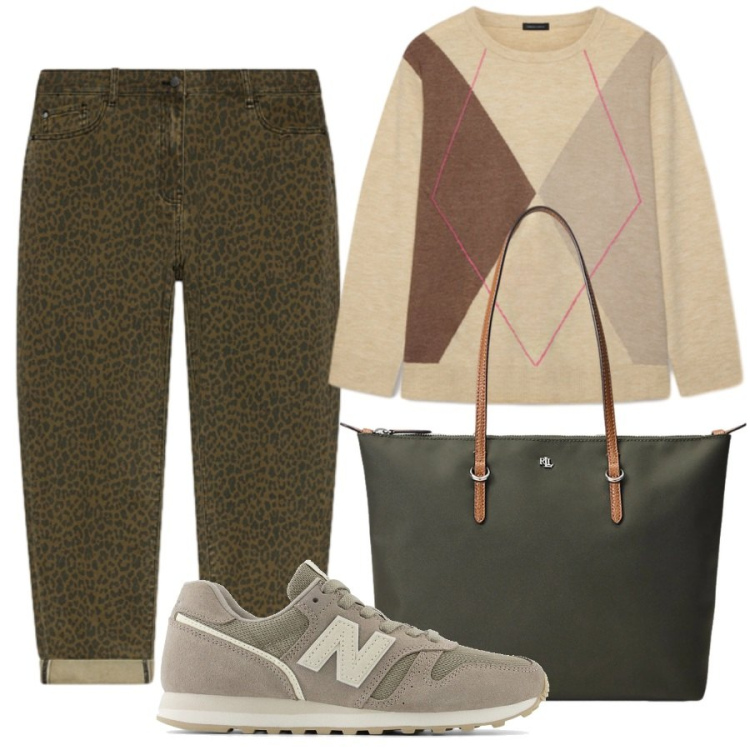 Outfit donna - Sfumature di verde. Stile Casual per Tutti i giorni. Abbinamento con maglieria, jeans, borse tote, sneakers.