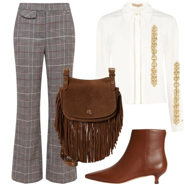 Outfit donna - Sofisticata con le frange. Stile Sporty chic per Ufficio. Abbinamento con borse a tracolla, stivaletti, orecchini, camicie, pantaloni.