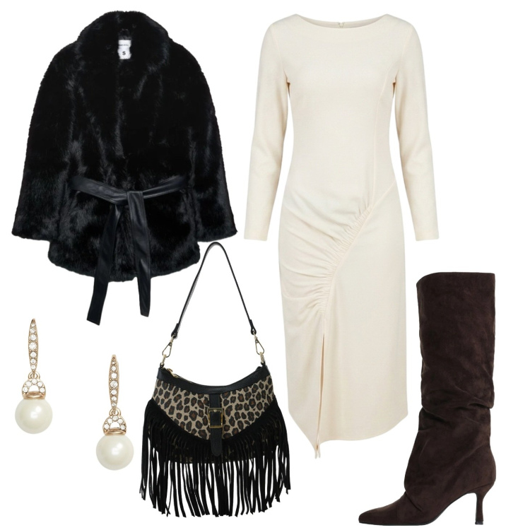 Outfit donna - Total look #2490643. Stile Chic per Serata fuori. Abbinamento con stivali, borse a spalla, orecchini, vestiti midi/longuette, trench.