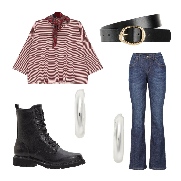 Outfit donna - Mid Season Sale - Autumn Upgrade. Stile Trendy per Ufficio. Abbinamento con stivaletti, cinture, jeans bootcut, t-shirt, orecchini.