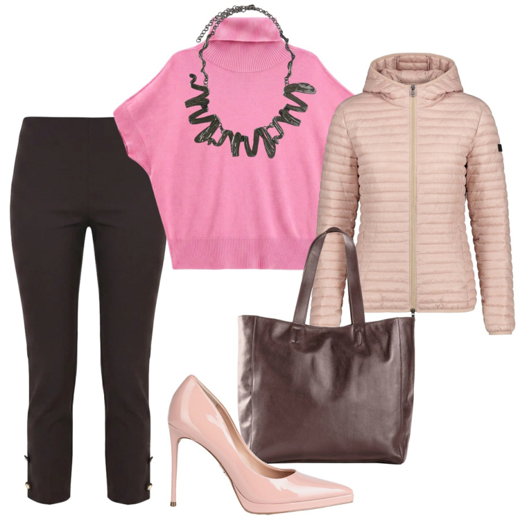 Outfit donna - Total look #2490646. Stile Casual chic per Ufficio. Abbinamento con pullovers, ciondoli, pantaloni capri, piumini, décolleté, shopping bag.