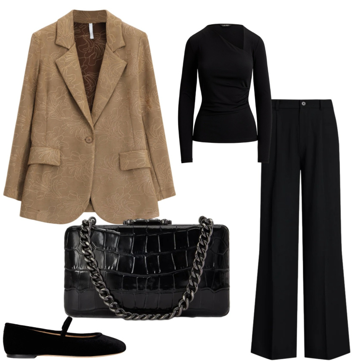 Outfit donna - Autunno. Stile Casual chic per Serata fuori. Abbinamento con blazer, pantaloni, t-shirt, ballerine, clutch.