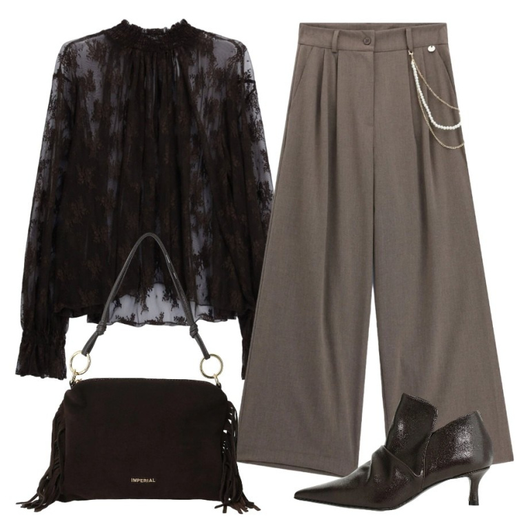 Outfit donna - Frange e merletti. Stile Sporty chic per Serata fuori. Abbinamento con bluse, pantaloni a palazzo, borse a spalla, stivaletti.