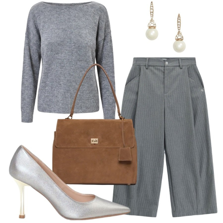 Outfit donna - Raffinata in grigio. Stile Sporty chic per Tutti i giorni. Abbinamento con borse a mano, orecchini, pantaloni a palazzo, décolleté, maglieria.