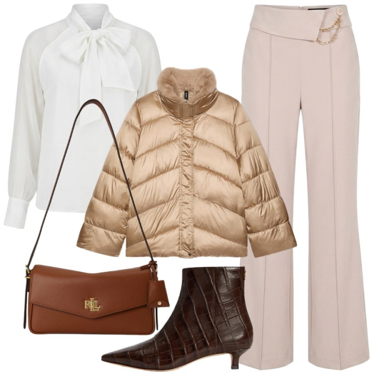 Outfit donna - Total look #2490652. Stile Romantica per Ufficio. Abbinamento con piumini, borse a spalla, stivaletti, pantaloni, bluse.
