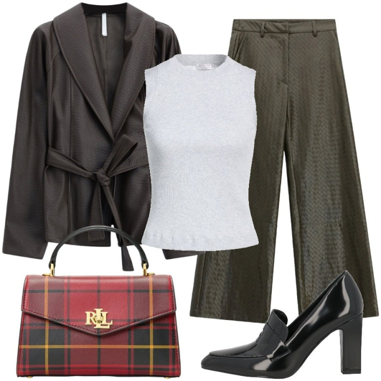 Outfit donna - Total look #2490654. Stile Trendy per Serata fuori. Abbinamento con blazer, pantaloni a palazzo, borse a mano, mocassini, top.