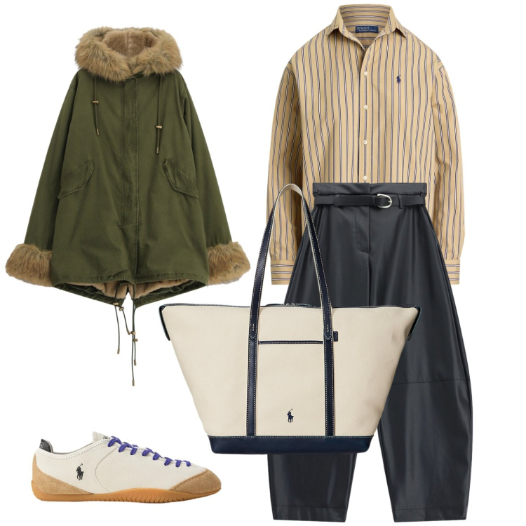 Outfit donna - Total look #2490655. Stile Casual chic per Tutti i giorni. Abbinamento con pantaloni, sneakers, camicie, borse tote, parka.