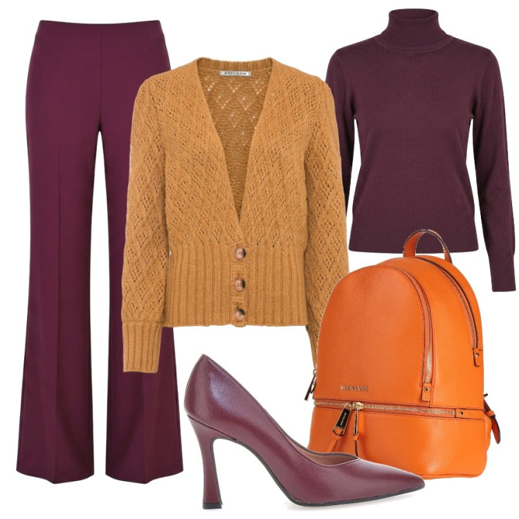 Outfit donna - Total look #2490656. Stile Sporty chic per Ufficio. Abbinamento con pantaloni a palazzo, pullovers, zaini, décolleté, cardigans.