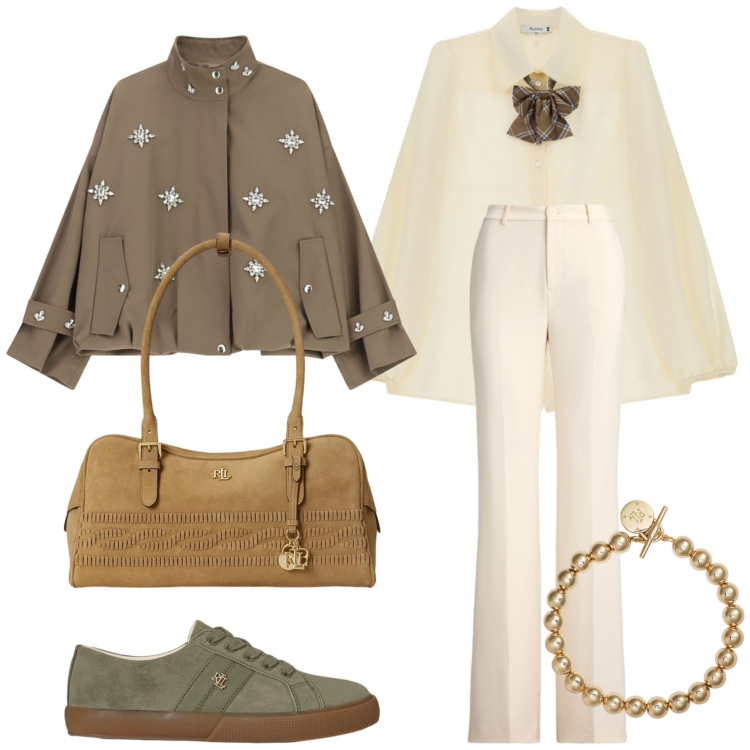 Outfit donna - Total look #2490659. Stile Glamour per Ufficio. Abbinamento con sneakers, pantaloni, braccialetti, borse a spalla, camicie, bomber.