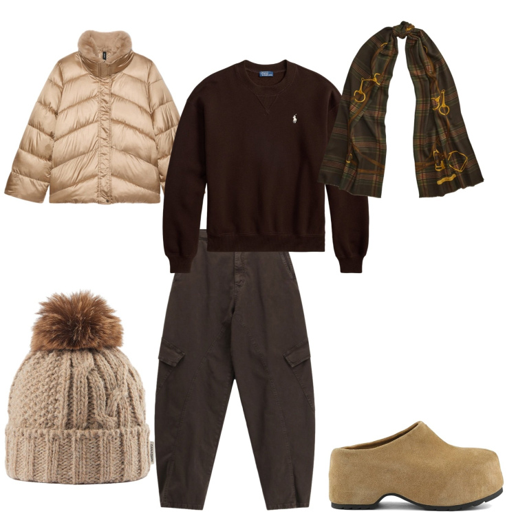 Outfit donna - Total look #2490667. Stile Casual per Scuola/Università. Abbinamento con piumini, sciarpe, felpe, pantaloni cargo, berretti, zoccoli.