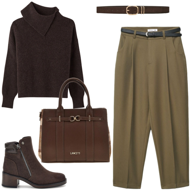 Outfit donna - Academy style. Stile Casual per Scuola/Università. Abbinamento con pullovers, cinture, pantaloni chino, borse a tracolla, stivaletti.