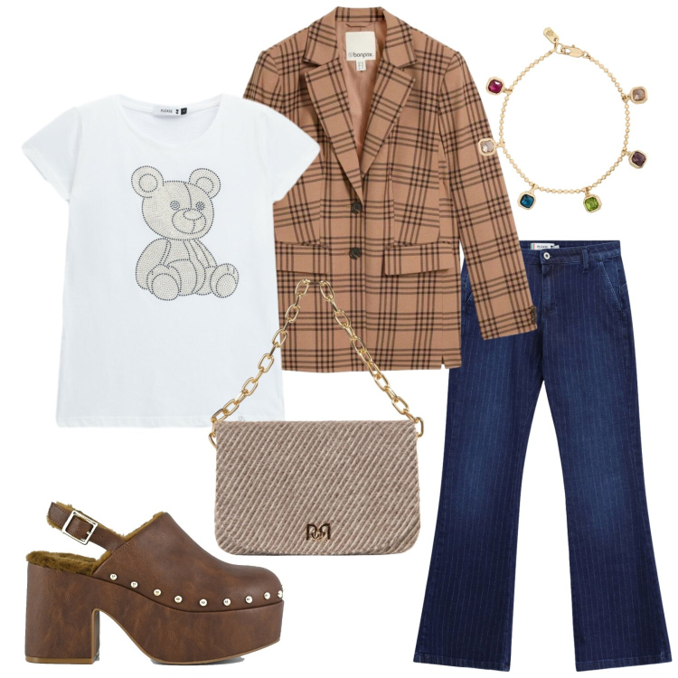 Outfit donna - Total look #2490677. Stile Casual chic per Serata fuori. Abbinamento con braccialetti, t-shirt, jeans a zampa, borse a spalla, sabot, blazer.